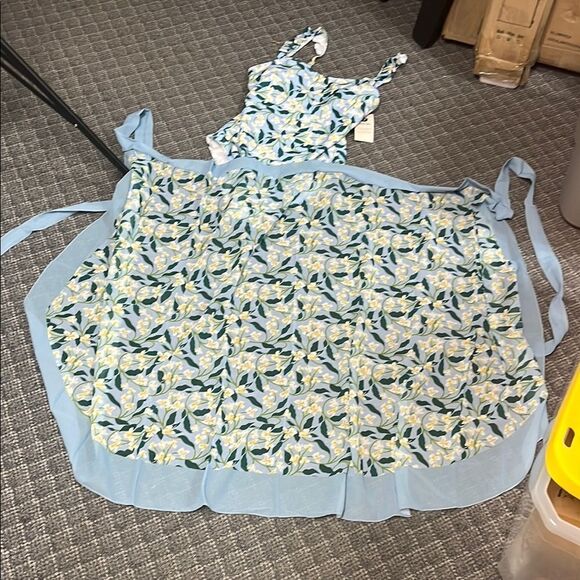 Floral Blue One-Piece Swimsuit with tie on skirt - Picture 1 of 1